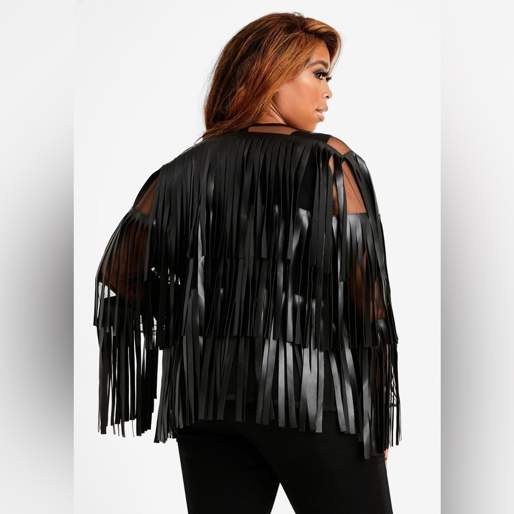 Ashley Stewart Black Faux Leather Fringe Mesh Cape Jacket Cardigan Size 16